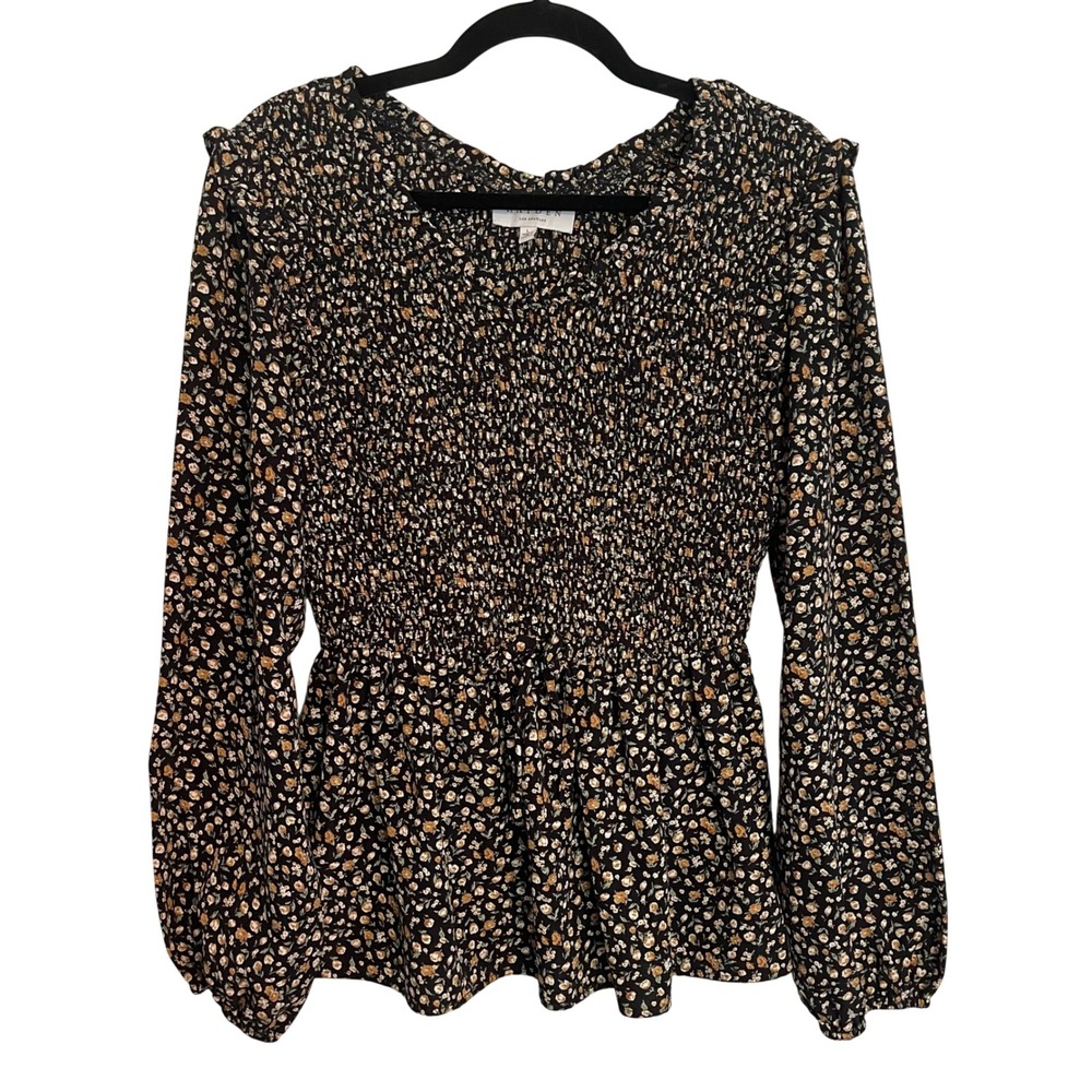 Hayden Los Angeles Black Floral Smocked Peplum Top Long Sleeve HJ3133 Large